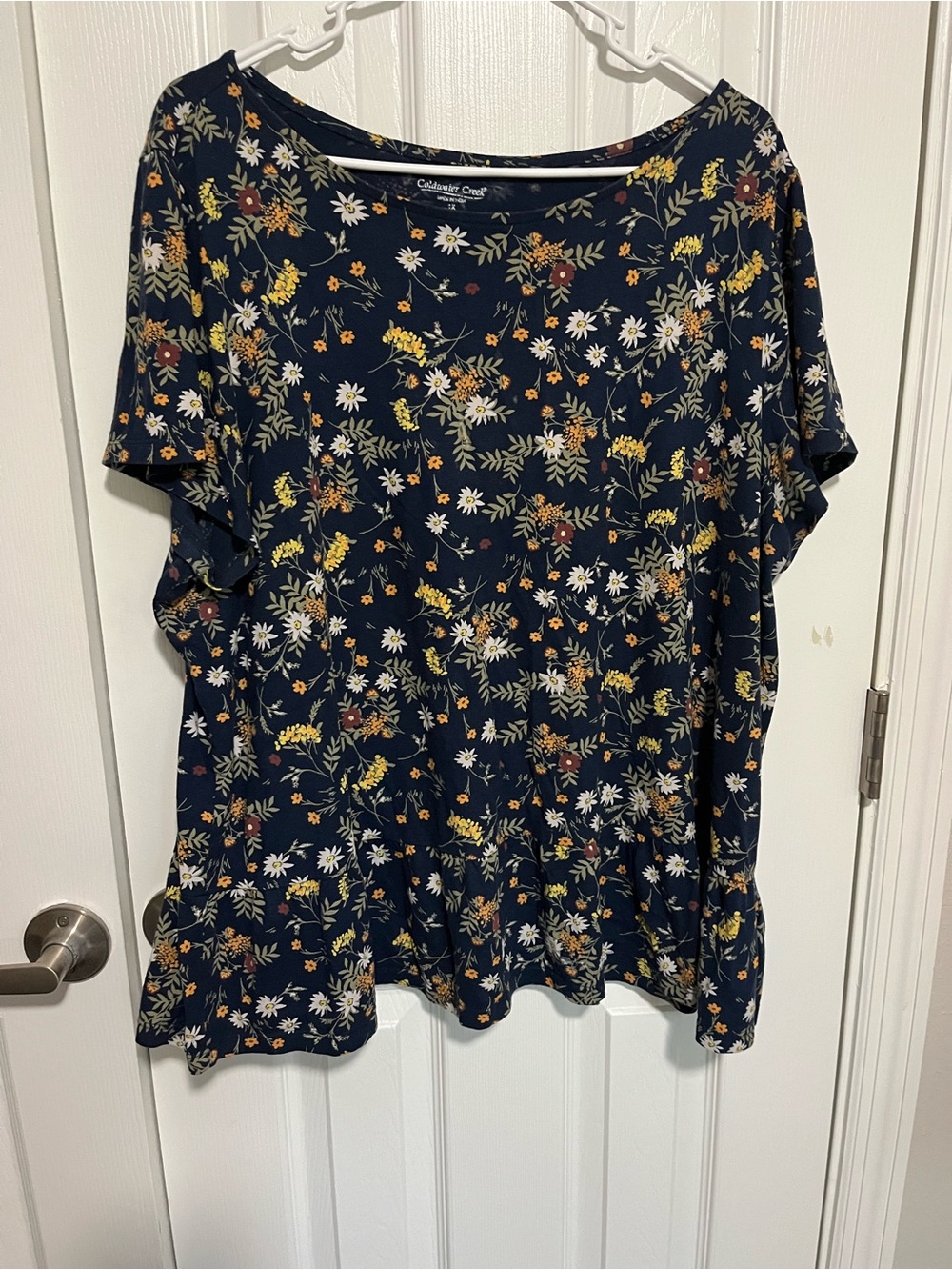 Coldwater Creek Navy Floral Peplum Short Sleeve Top